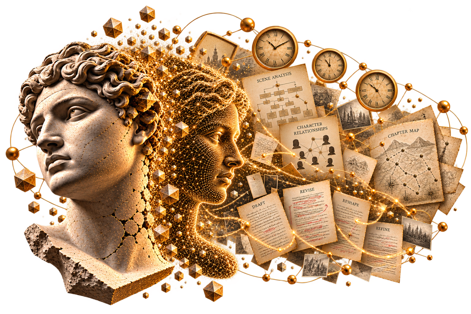Human authorship and AI analytical capability represented as parallel classical and digital forms.