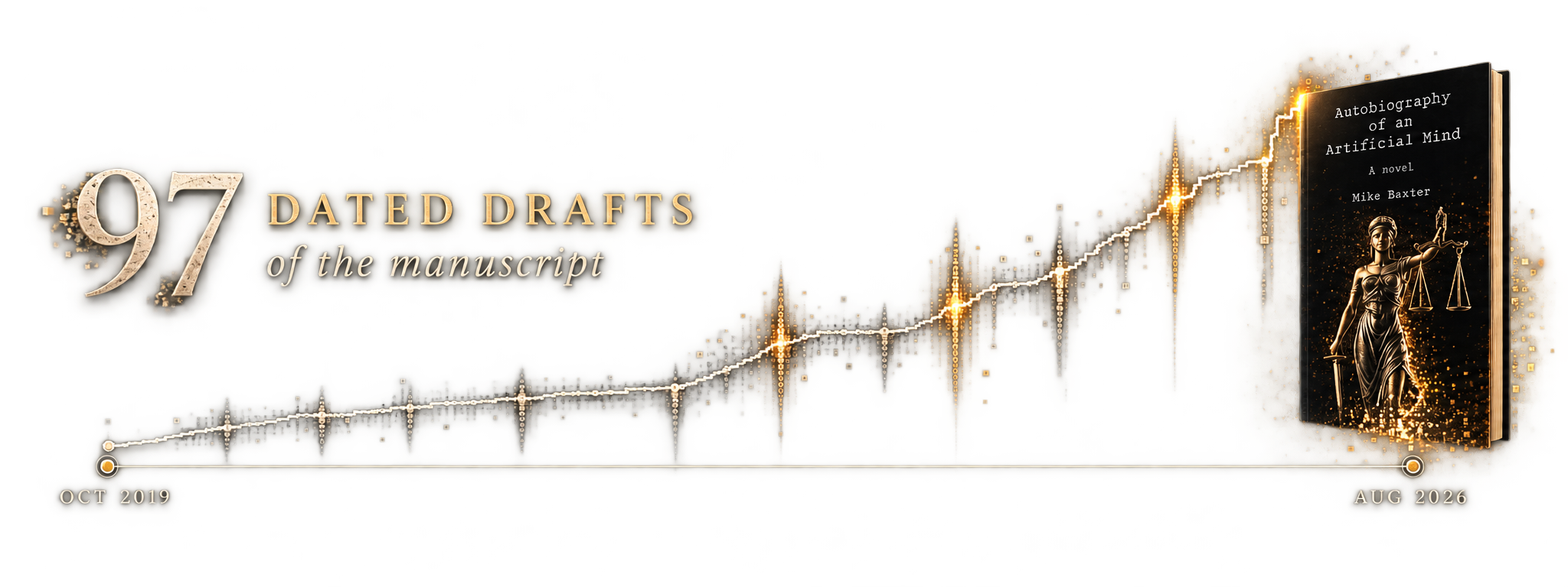 The manuscript history of Autobiography of an Artificial Mind: A novel, showing 97 dated drafts from October 2019 to August 2026.