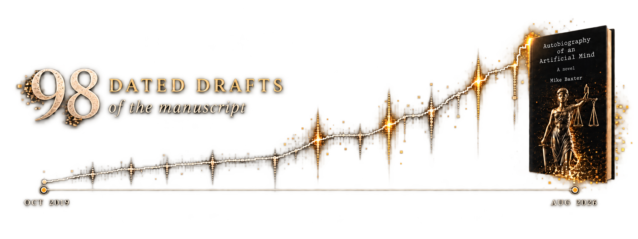 The manuscript history of Autobiography of an Artificial Mind: A novel, showing 98 dated drafts from October 2019 to August 2026.