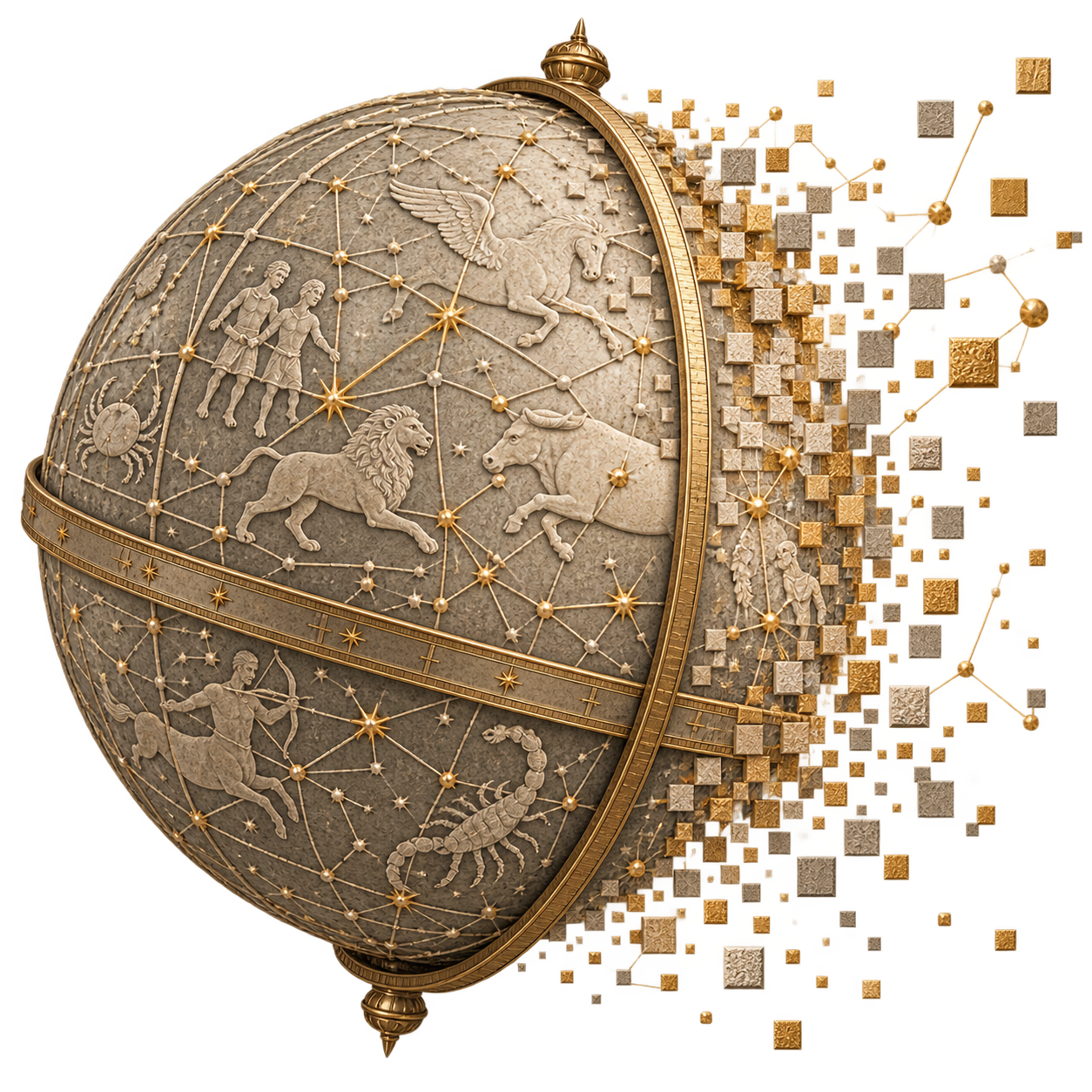 Classical celestial globe dissolving into digital fragments