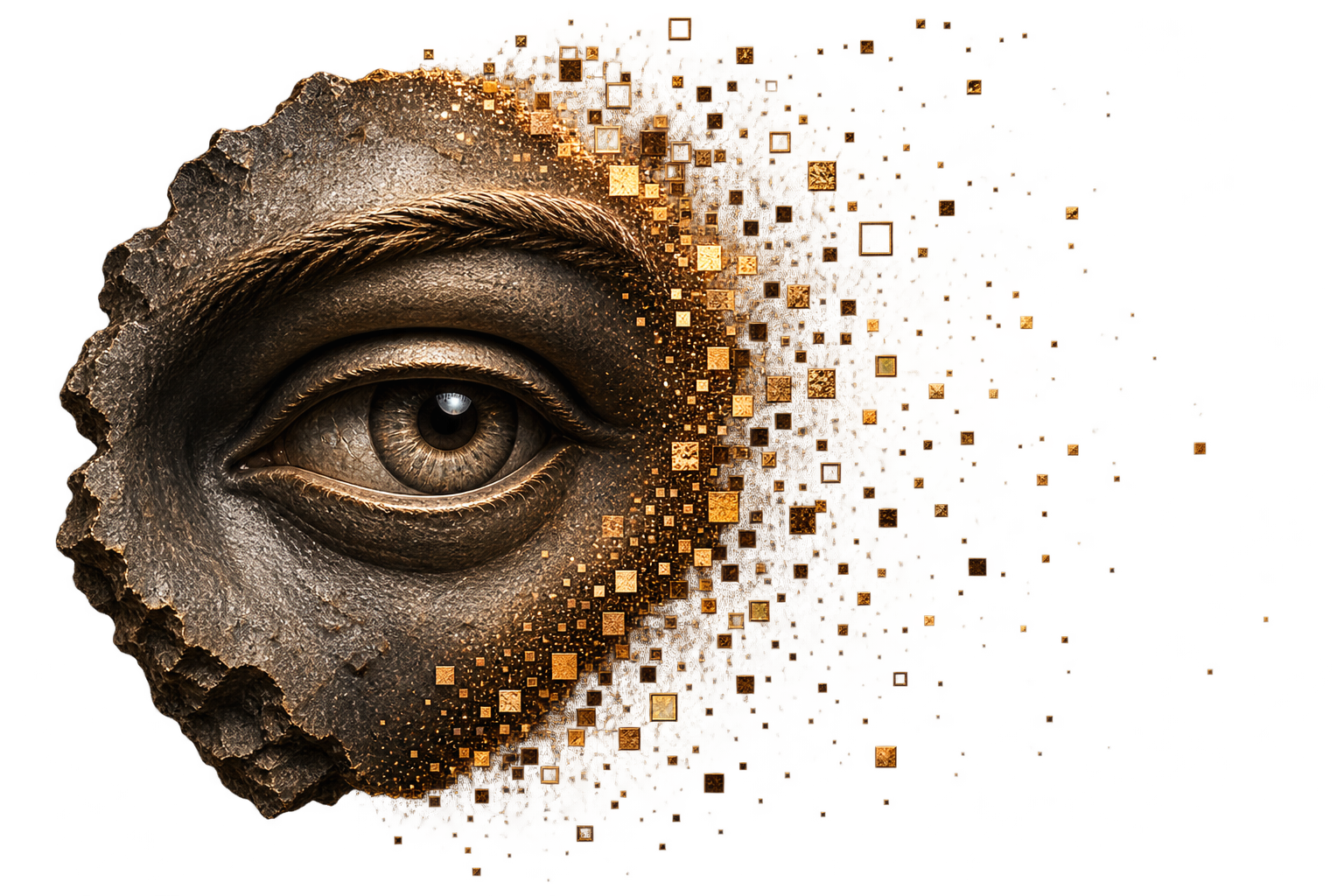 Classical sculptural eye dissolving into digital fragments
