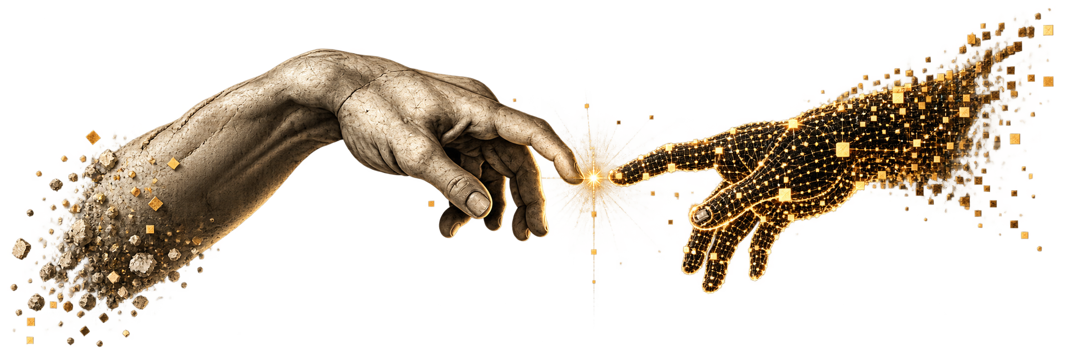 A classical hand and a dissolving digital hand reaching towards one another