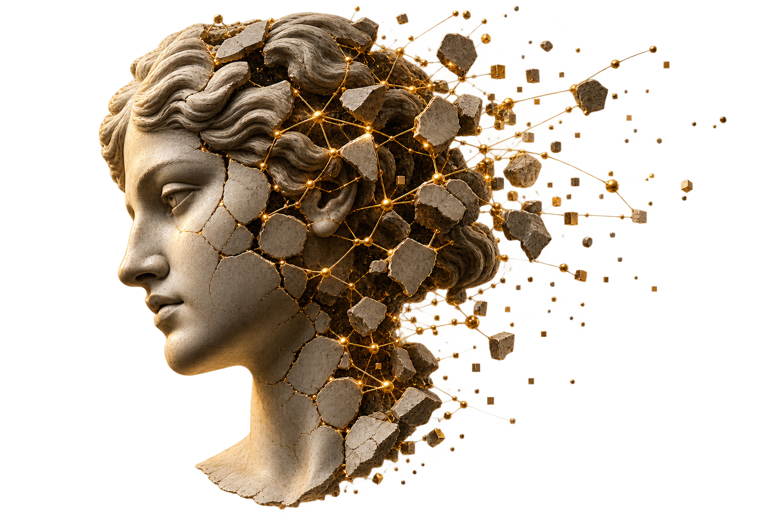 A fractured classical female sculptural head whose fragments are bound together by fine gold filaments.