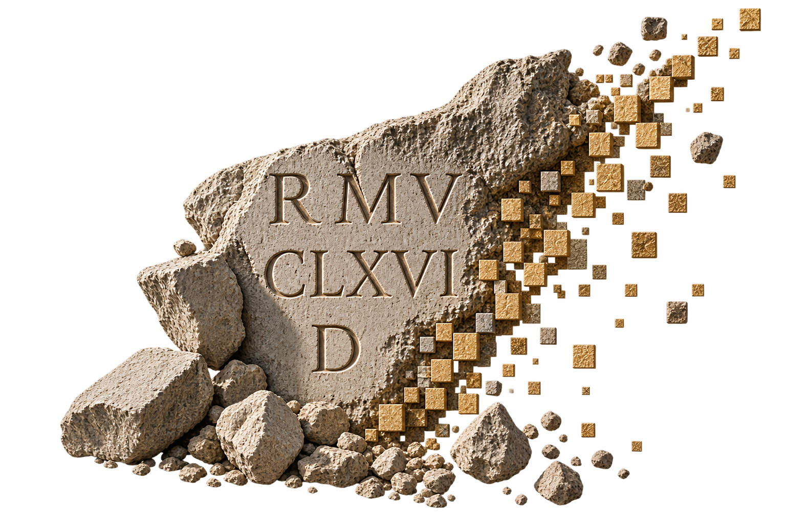 Ancient inscribed stone fragment dissolving into digital pixels