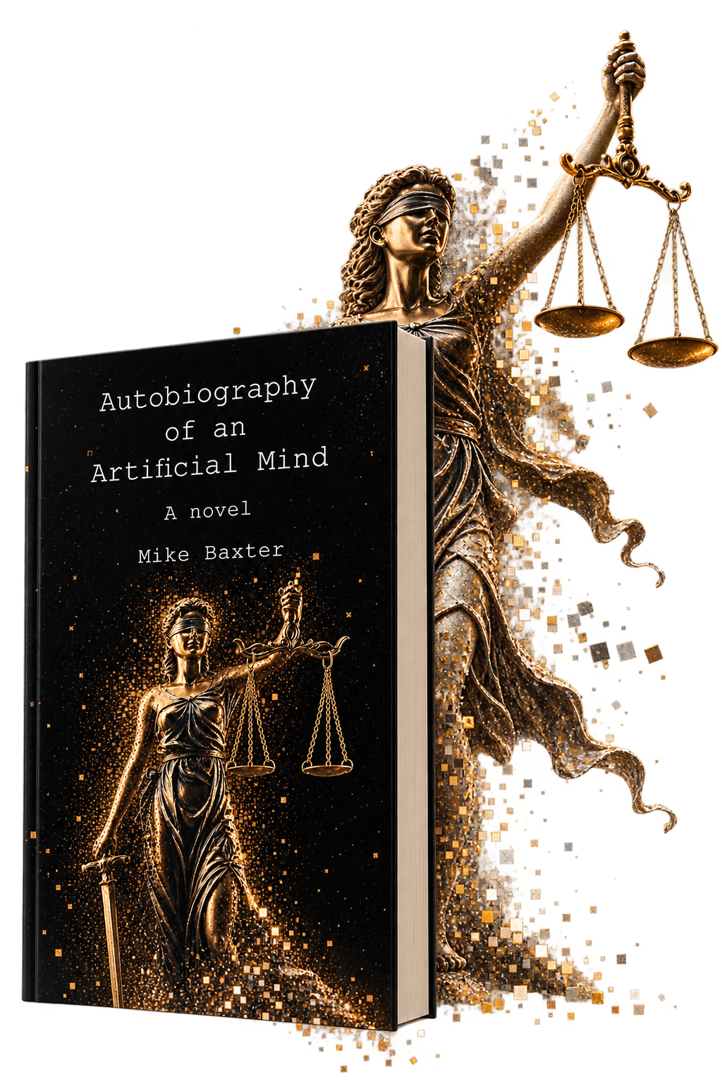 Autobiography of an Artificial Mind book cover with Lady Justice dissolving beyond the cover