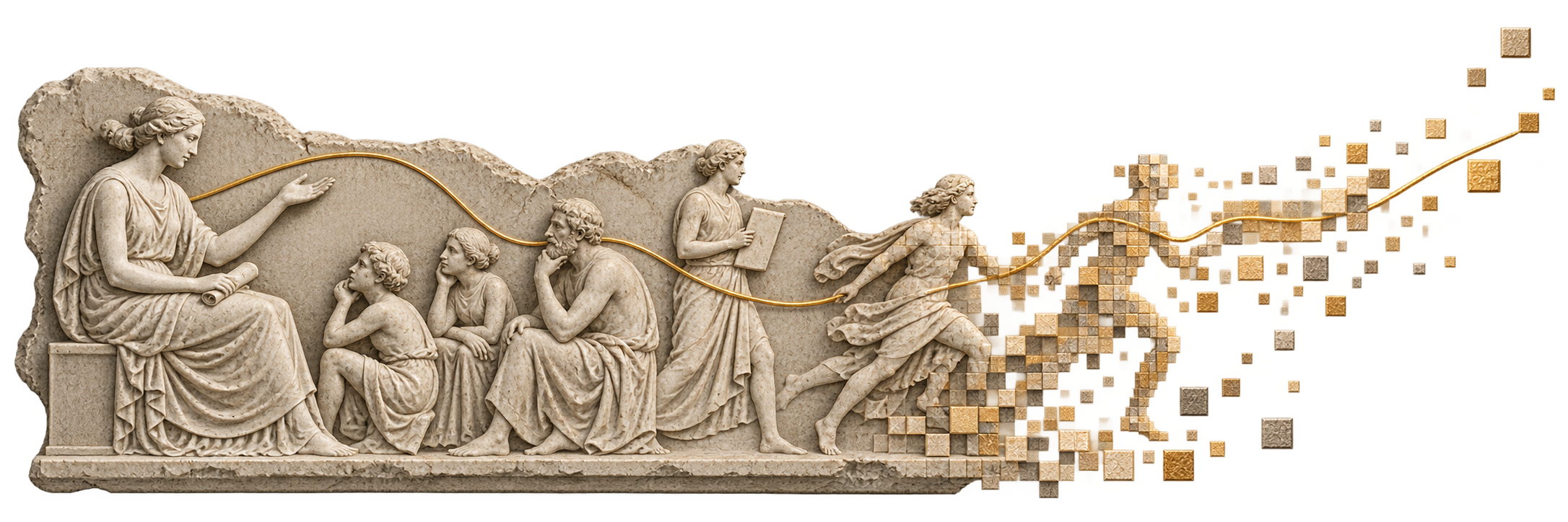 Classical narrative frieze dissolving into digital fragments