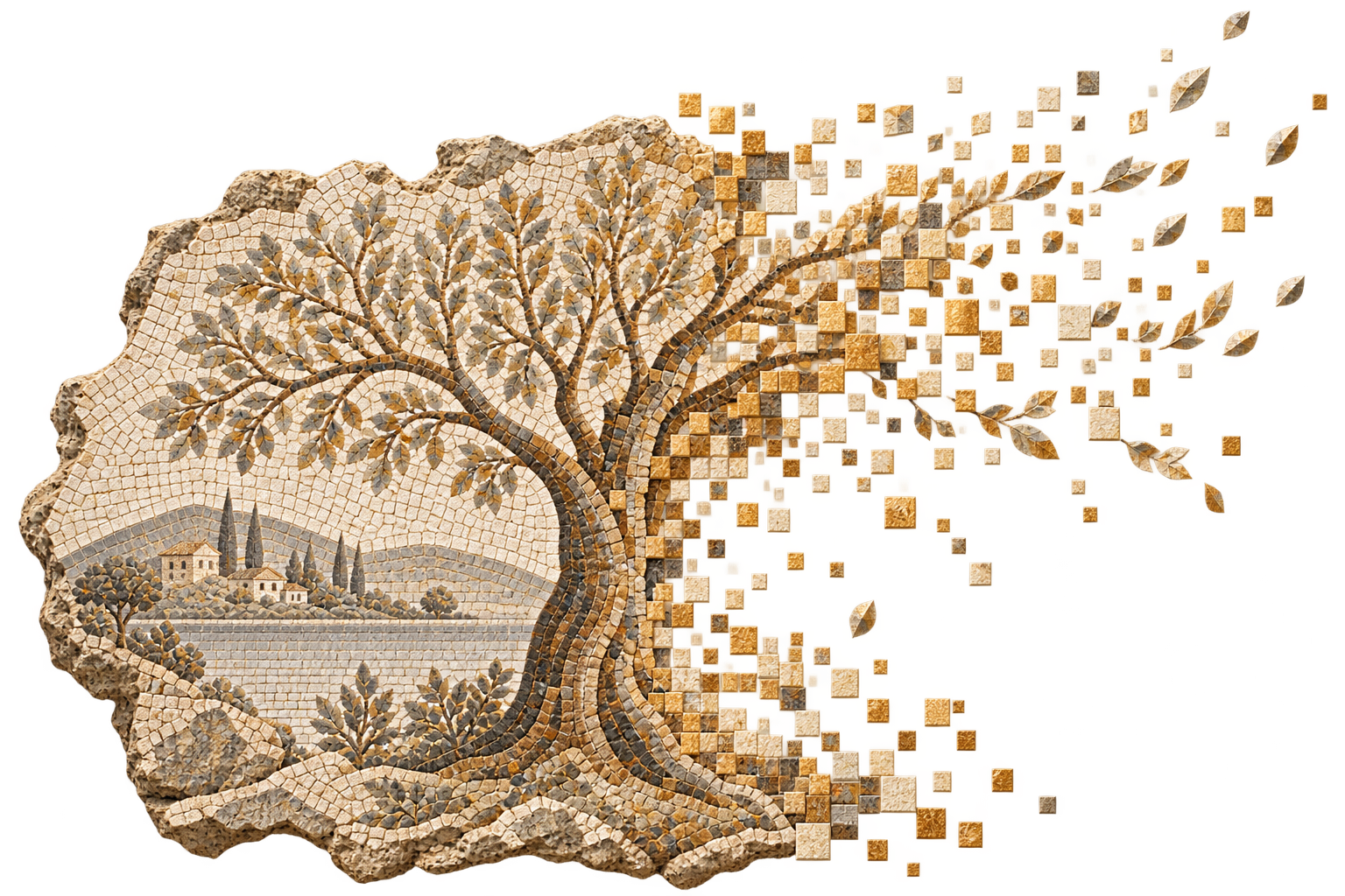 Ancient pastoral tree mosaic dissolving into stone and gold digital fragments