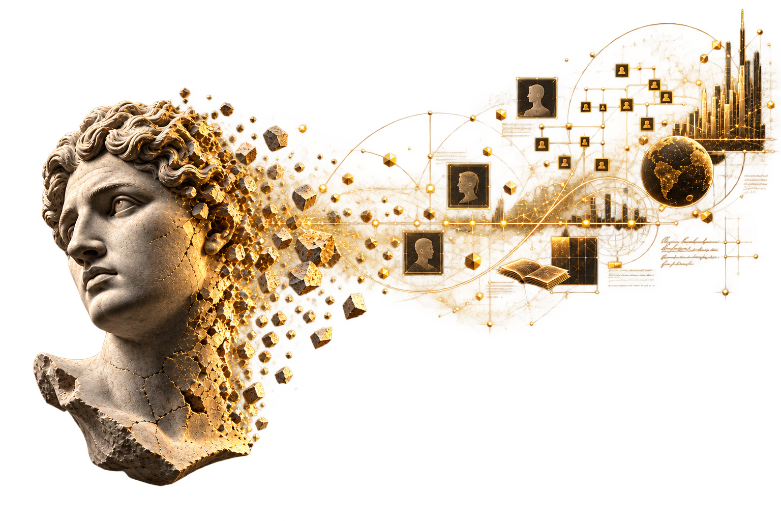 Research behind Autobiography of an Artificial Mind represented through classical and analytical imagery.
