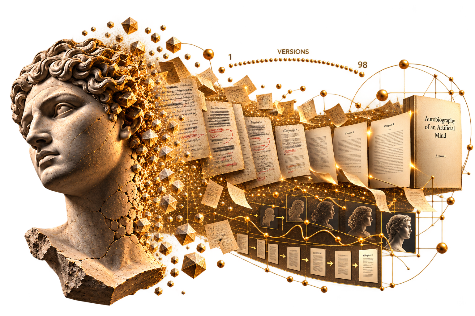 The development of Autobiography of an Artificial Mind through successive manuscript versions.