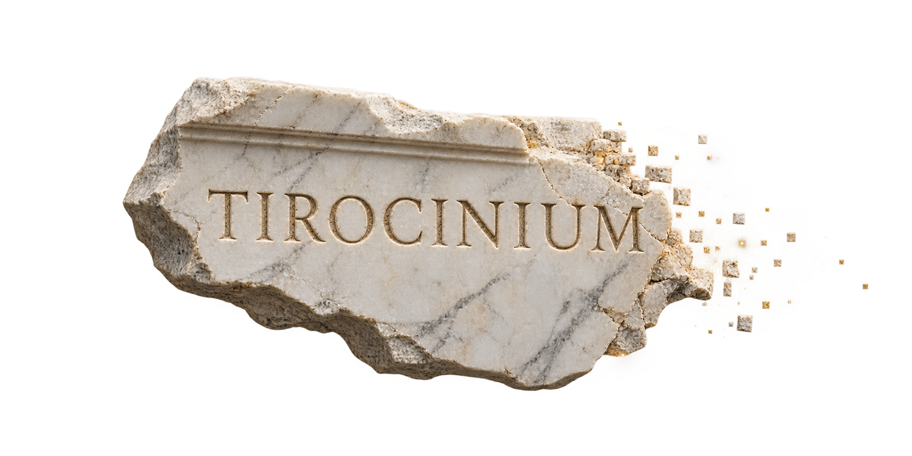 White marble inscription reading TIROCINIUM, with a sparse scattering of gold fragments